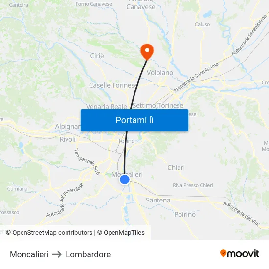 Moncalieri to Lombardore map