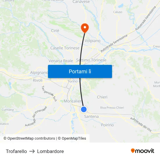 Trofarello to Lombardore map