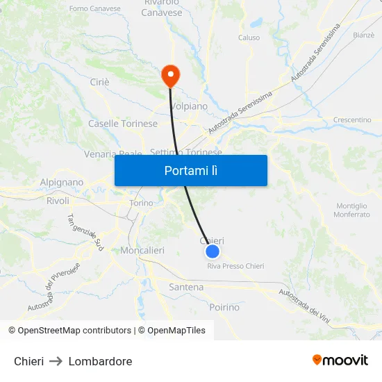 Chieri to Lombardore map