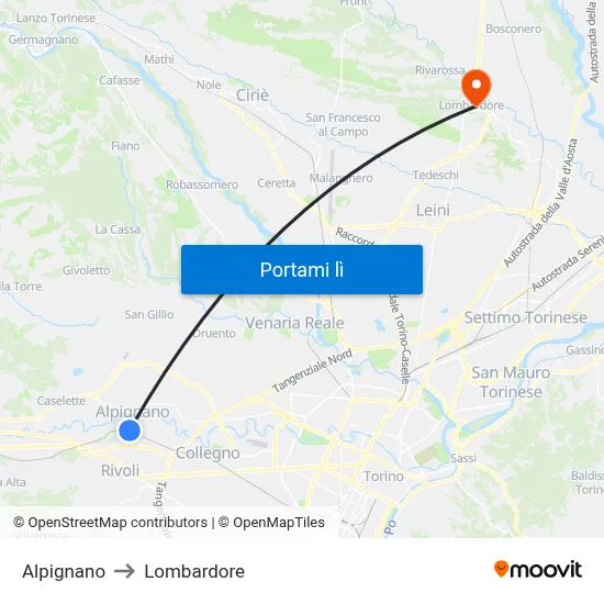 Alpignano to Lombardore map