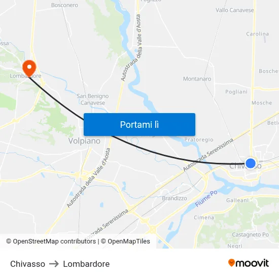 Chivasso to Lombardore map