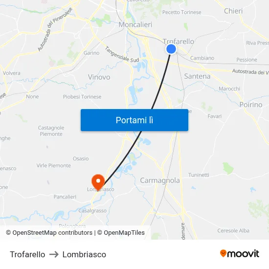 Trofarello to Lombriasco map