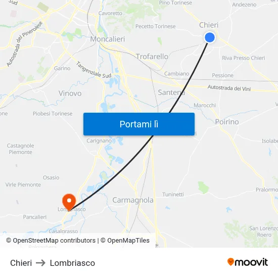 Chieri to Lombriasco map
