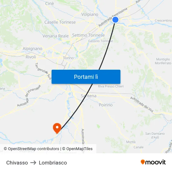 Chivasso to Lombriasco map