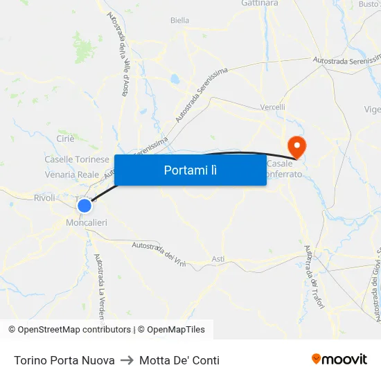 Torino Porta Nuova to Motta De' Conti map