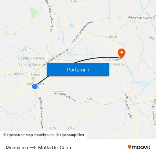 Moncalieri to Motta De' Conti map