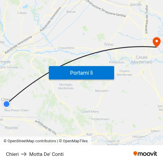 Chieri to Motta De' Conti map