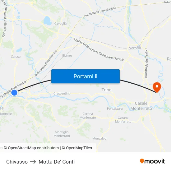 Chivasso to Motta De' Conti map