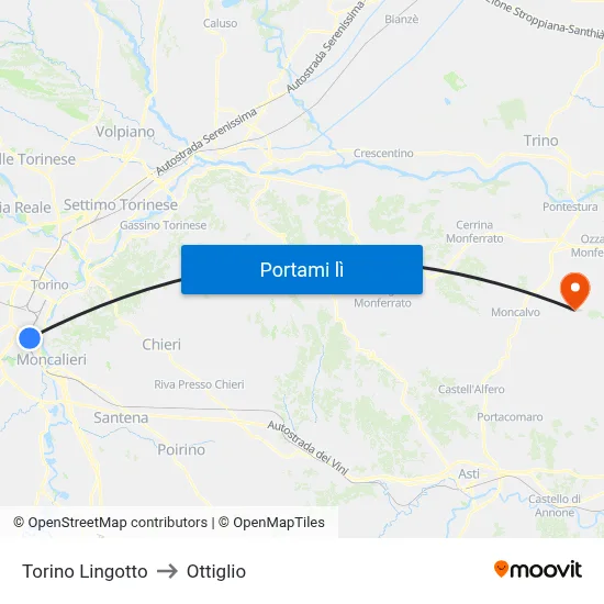 Torino Lingotto to Ottiglio map
