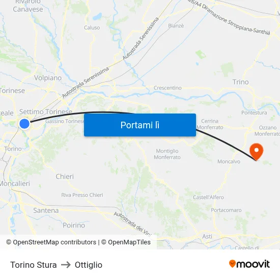 Torino Stura to Ottiglio map