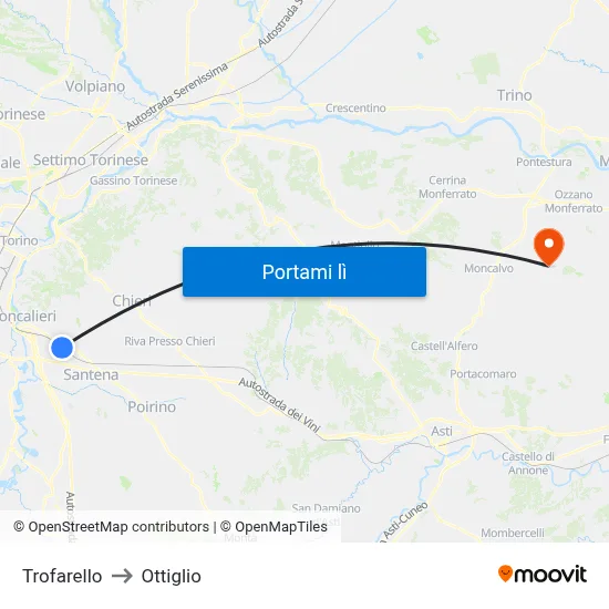 Trofarello to Ottiglio map