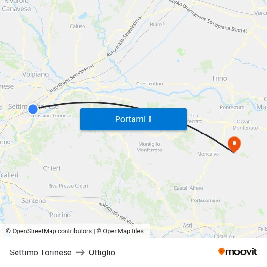 Settimo Torinese to Ottiglio map