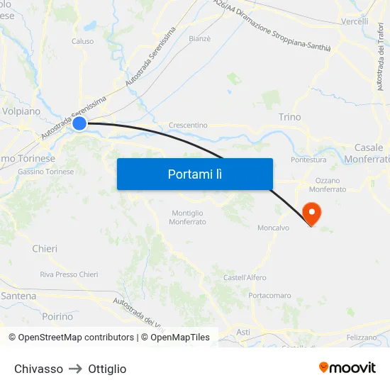Chivasso to Ottiglio map