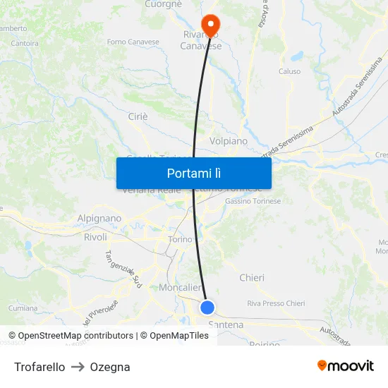 Trofarello to Ozegna map