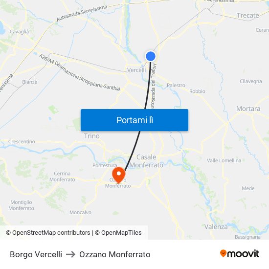 Borgo Vercelli to Ozzano Monferrato map