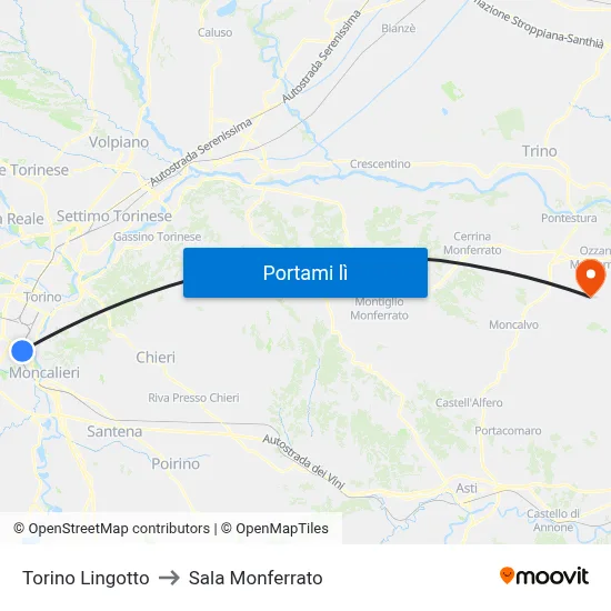 Torino Lingotto to Sala Monferrato map
