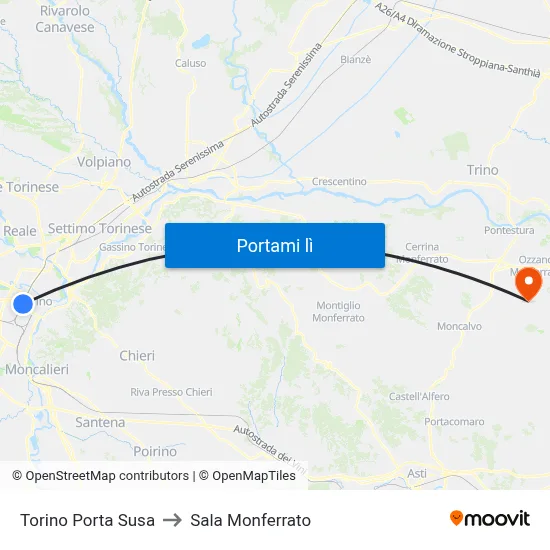 Torino Porta Susa to Sala Monferrato map