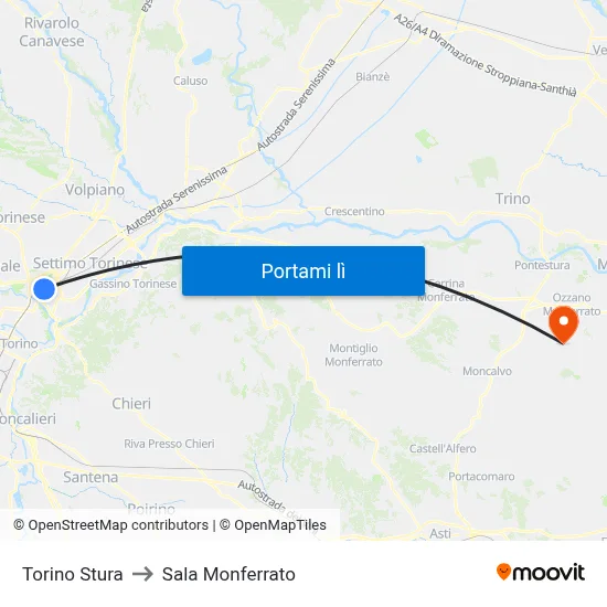 Torino Stura to Sala Monferrato map