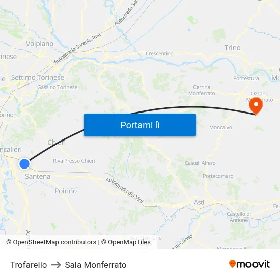 Trofarello to Sala Monferrato map