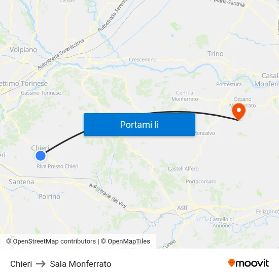 Chieri to Sala Monferrato map