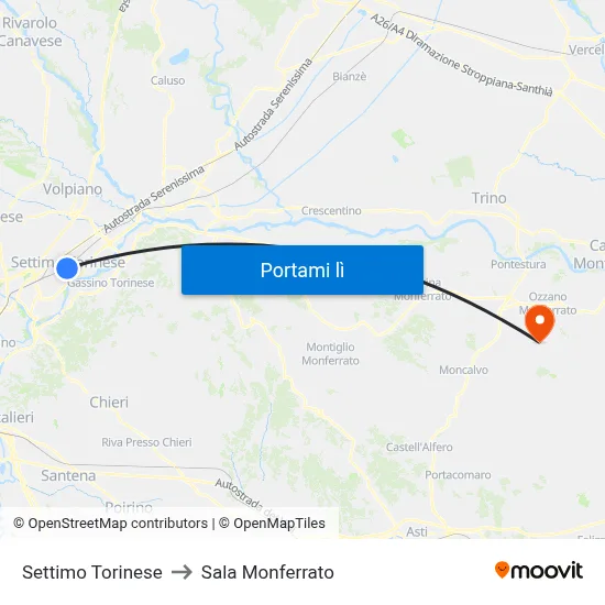 Settimo Torinese to Sala Monferrato map