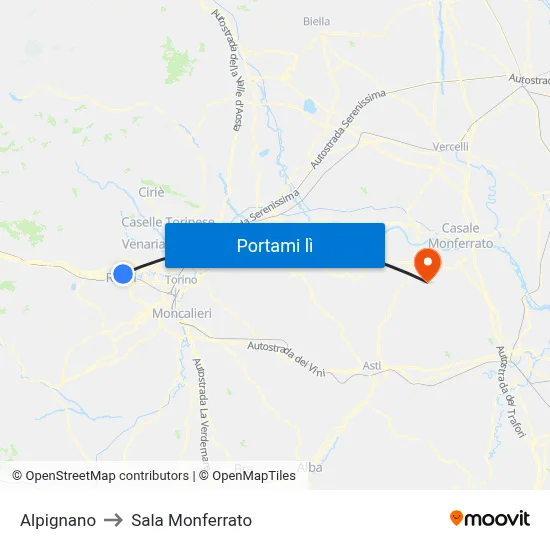 Alpignano to Sala Monferrato map