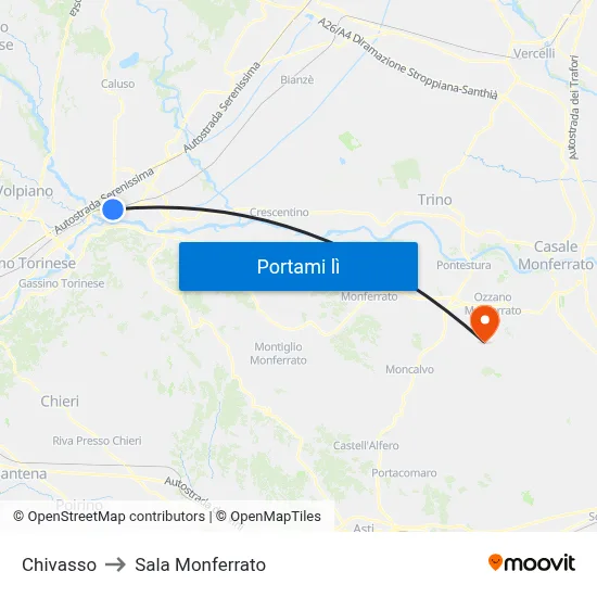 Chivasso to Sala Monferrato map
