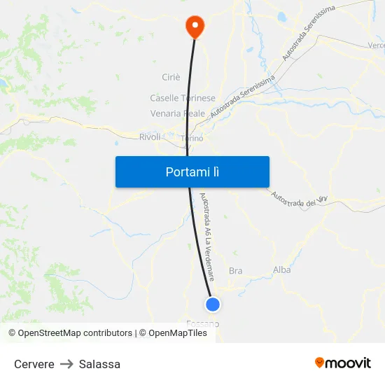 Cervere to Salassa map