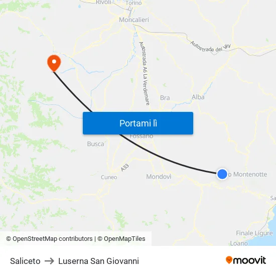 Saliceto to Luserna San Giovanni map