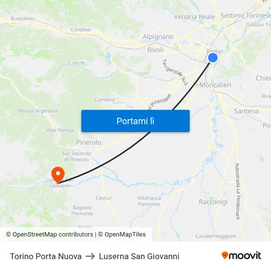 Torino Porta Nuova to Luserna San Giovanni map