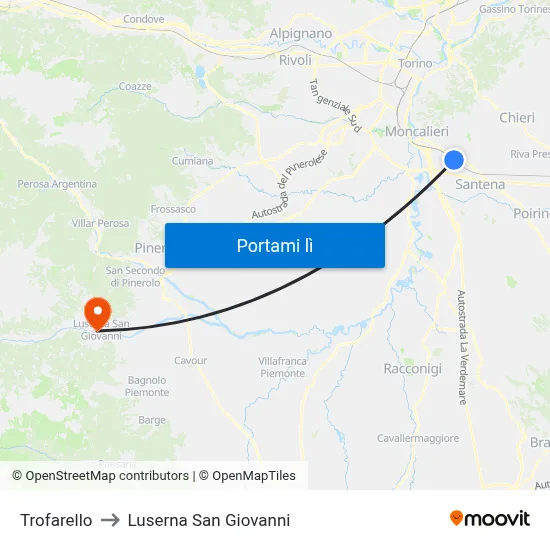 Trofarello to Luserna San Giovanni map