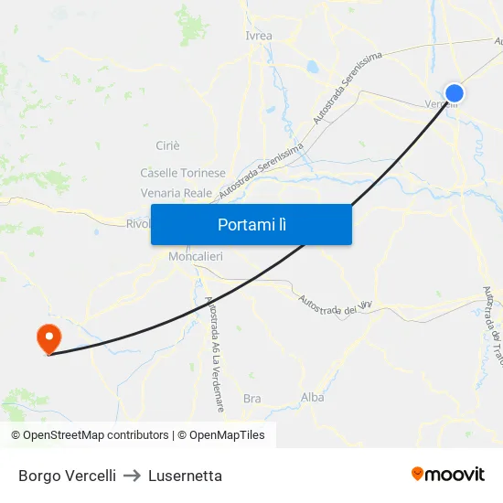 Borgo Vercelli to Lusernetta map