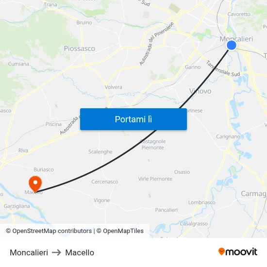 Moncalieri to Macello map