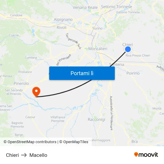 Chieri to Macello map