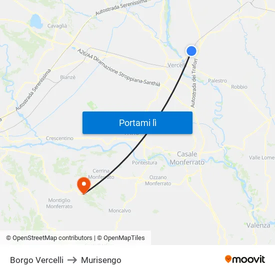 Borgo Vercelli to Murisengo map
