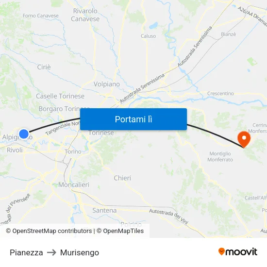 Pianezza to Murisengo map