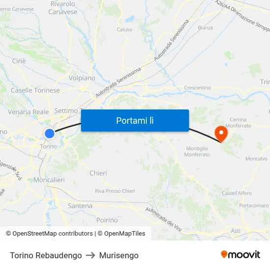 Torino Rebaudengo to Murisengo map