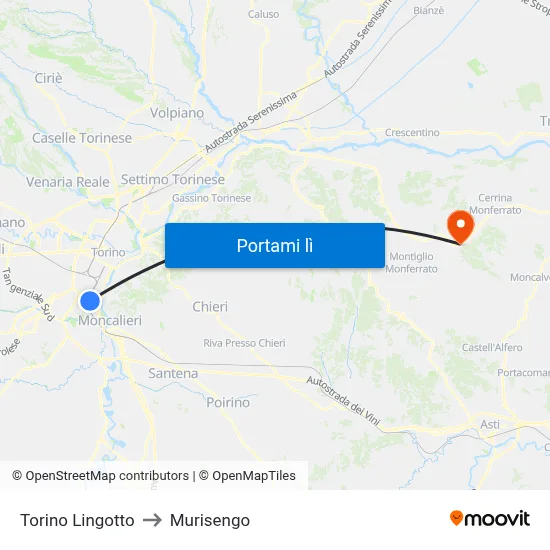 Torino Lingotto to Murisengo map