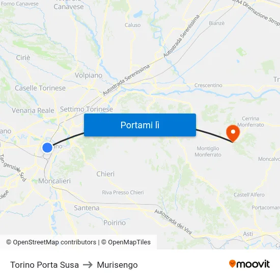 Torino Porta Susa to Murisengo map