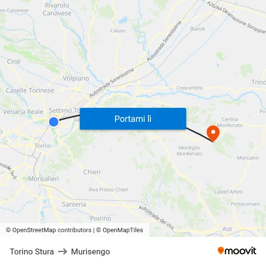 Torino Stura to Murisengo map