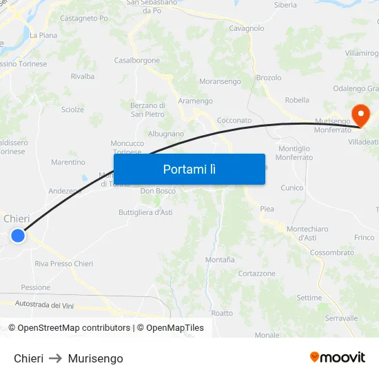 Chieri to Murisengo map