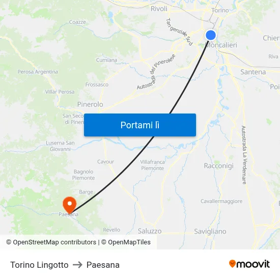 Torino Lingotto to Paesana map