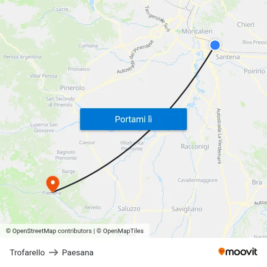 Trofarello to Paesana map