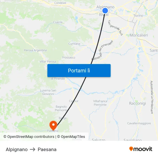 Alpignano to Paesana map