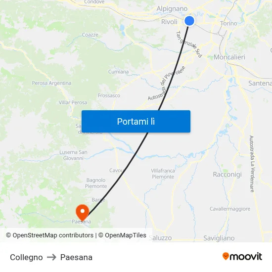 Collegno to Paesana map