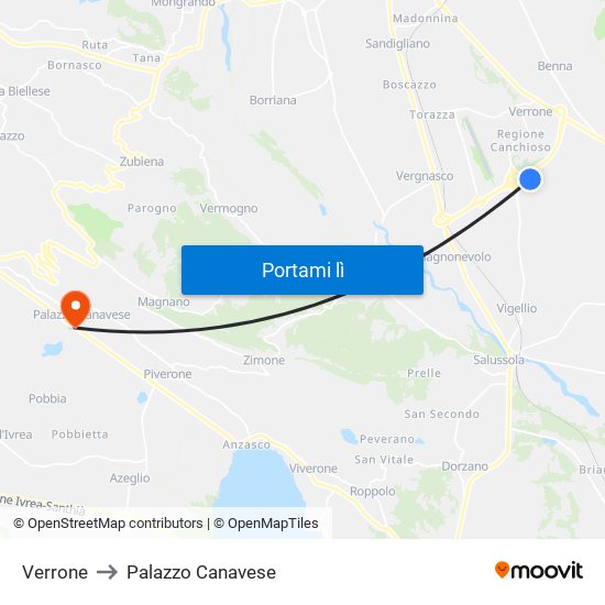 Verrone to Palazzo Canavese map