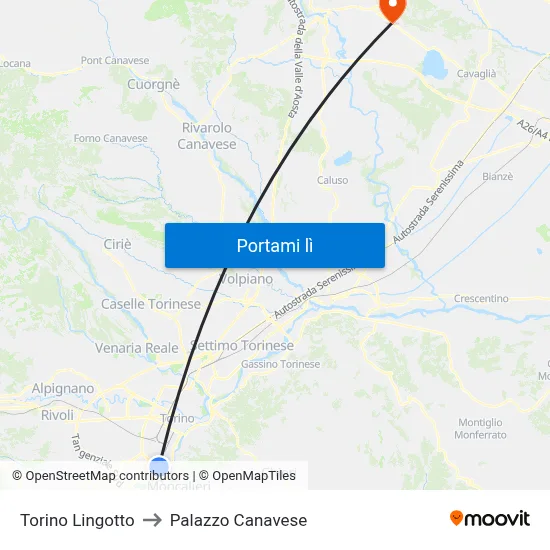 Torino Lingotto to Palazzo Canavese map
