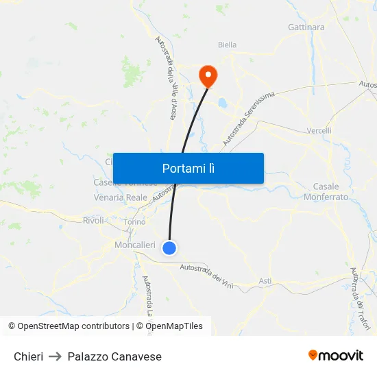Chieri to Palazzo Canavese map
