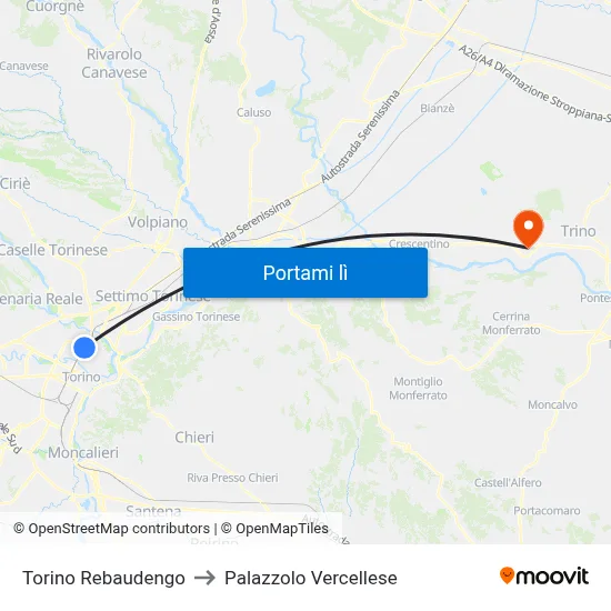 Torino Rebaudengo to Palazzolo Vercellese map