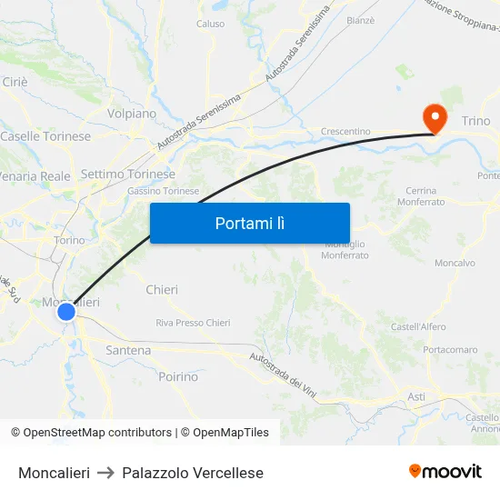 Moncalieri to Palazzolo Vercellese map